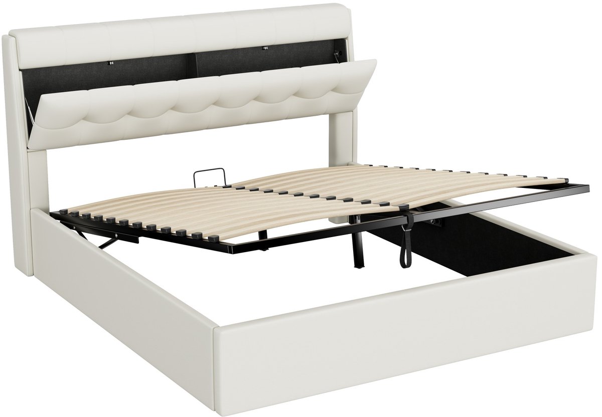 COVREO Bedframe 160x200 cm - wit PU, hydraulisch, met opbergruimte, zonder matras White