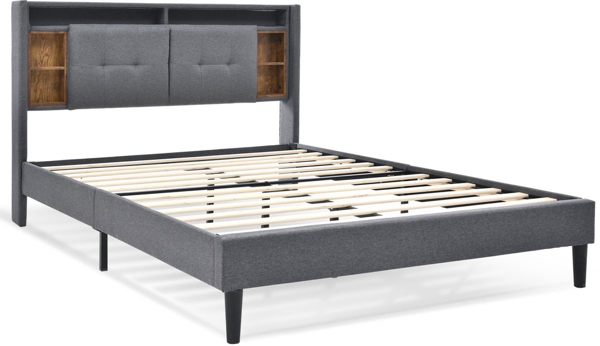 COVREO Bedframe 140x200 cm grijs, opbergruimte, LED en USB, zonder matras