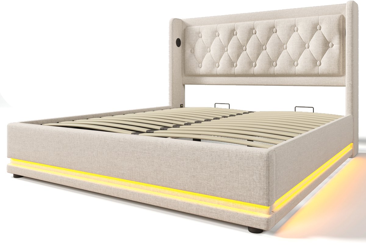 COVREO Tweepersoons stof bedframe 140x200 cm beige - hydraulisch opbergbed met USB-C en 3-zijdige LED verlichting