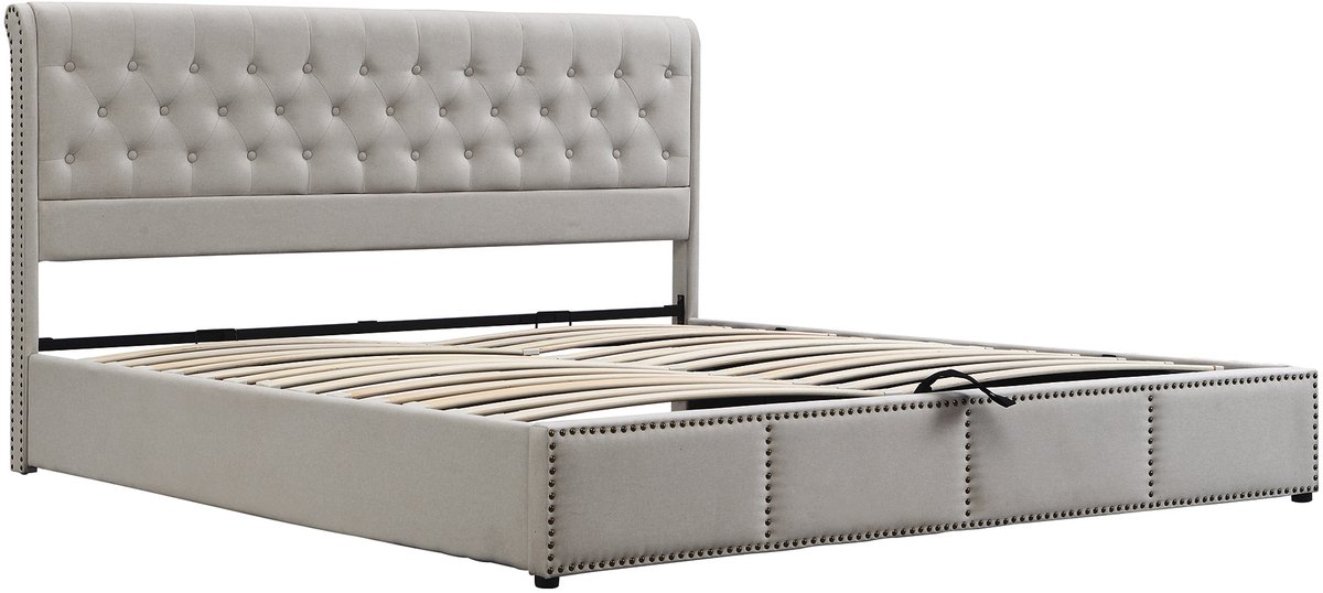 COVREO Gestoffeerd bed 140 x 200 cm - met opbergruimte, lattenbodem en hoofdbord, grijs