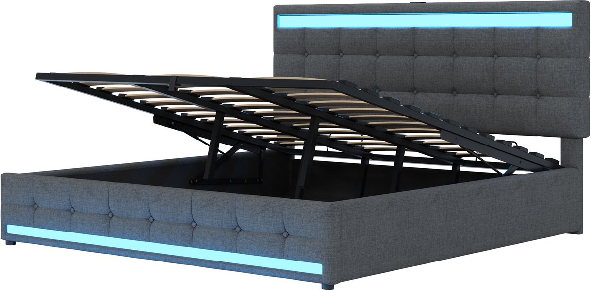 Gewatteerd matras van 180*200 mm, hydraulisch opbergbaar kinderbed met USB-aansluiting en kleurveranderende ledstrip, grijs linnen eenpersoonsbed.