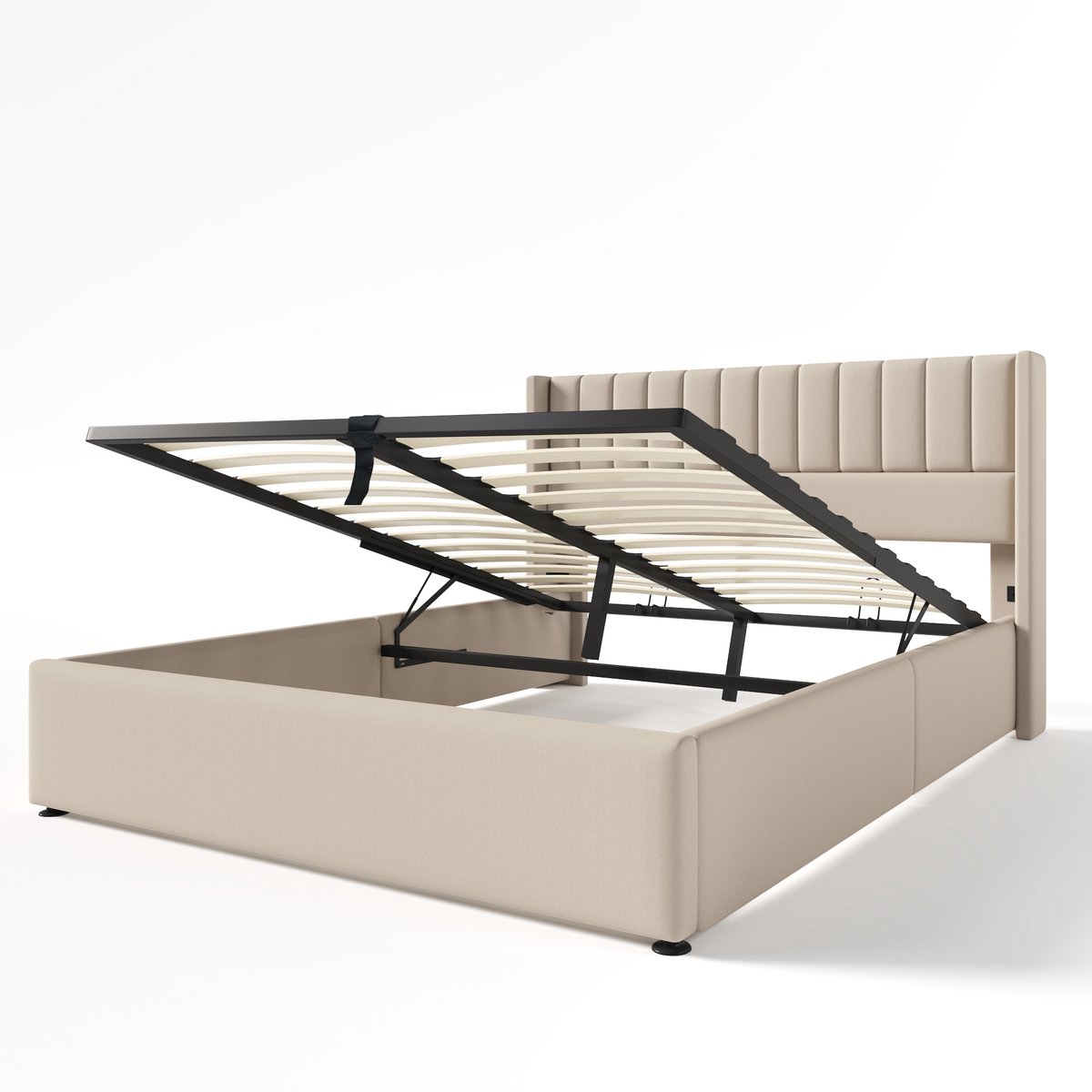 COVREO Bed 140x200 cm beige, stof hout en metaal met opbergruimte