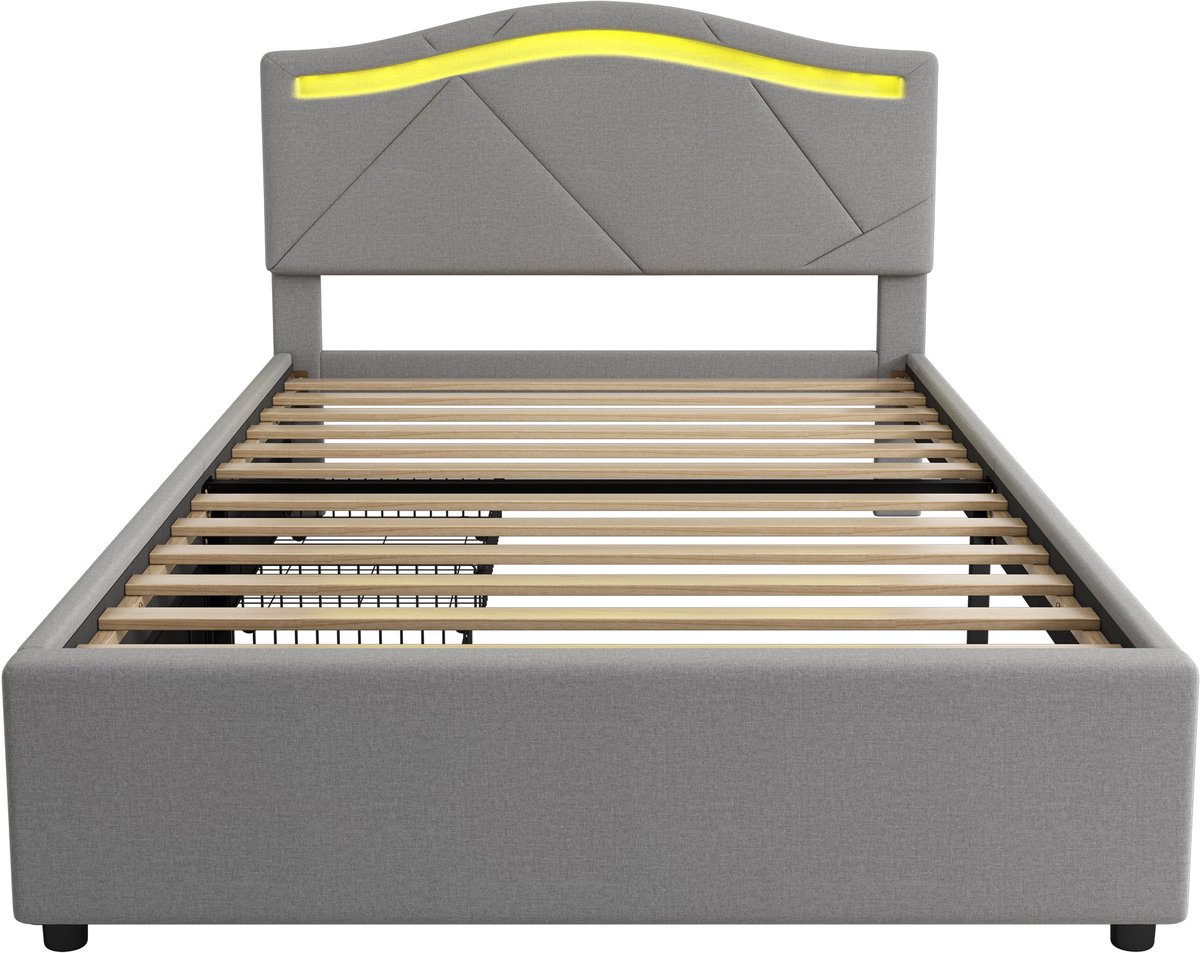 COVREO Bedframe 90x200 cm grijs, LED, 2 lades, zonder matras