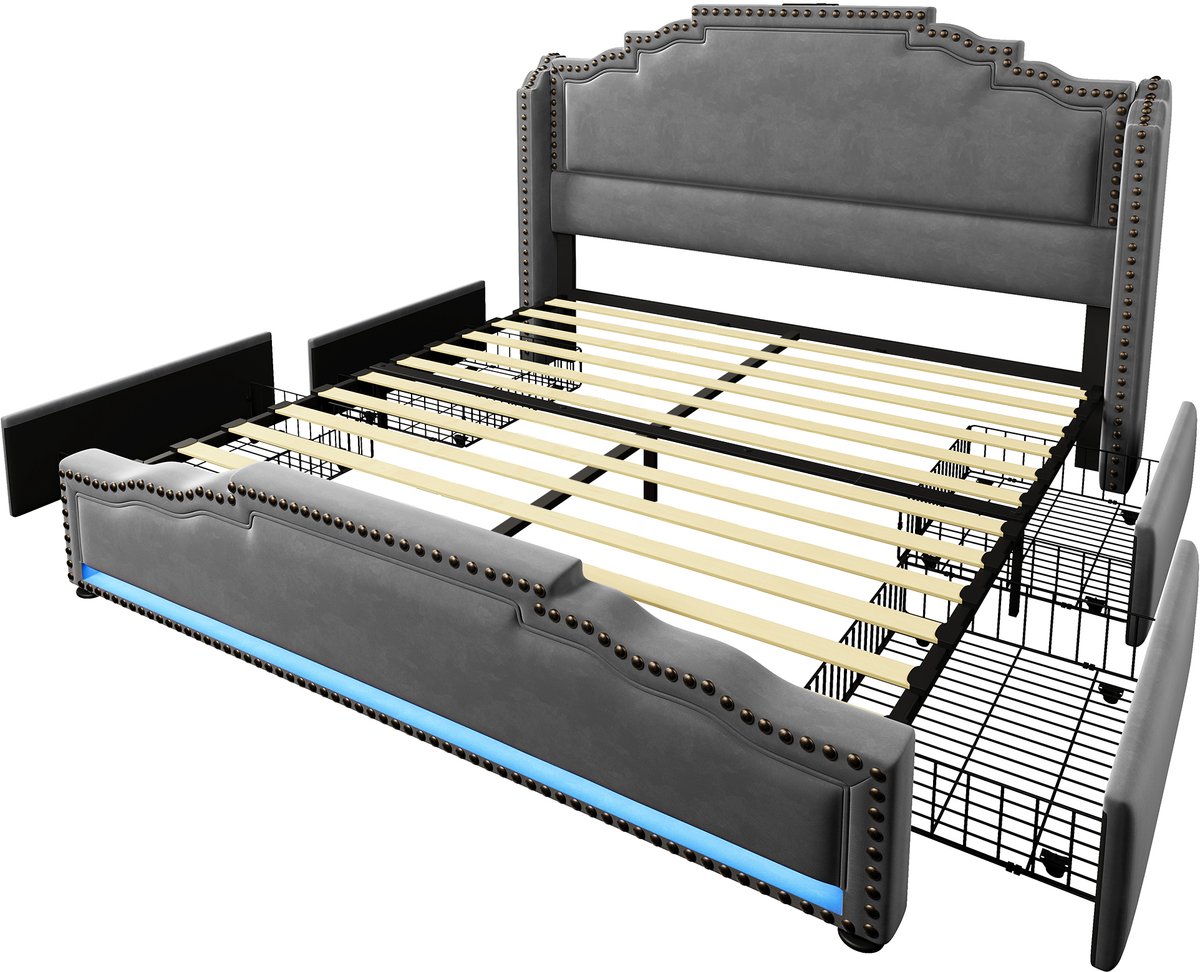COVREO Bed 140x200 cm grijs met 4 lades, LED en USB-C, met matras