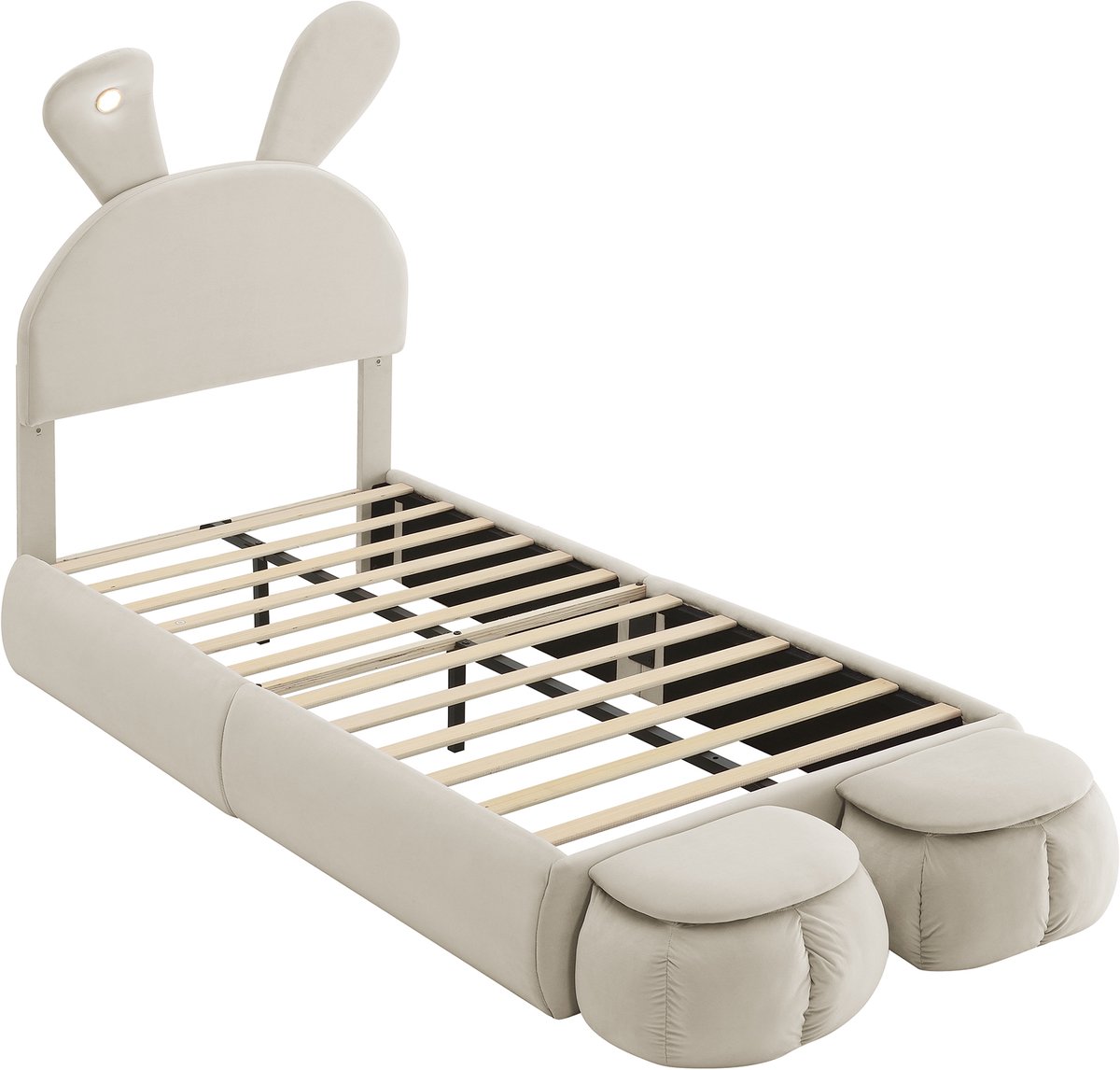 COVREO Polsterbed 90x200 cm – beige samtmateriaal, LED-rabbitoren, 2 opbergkrukjes