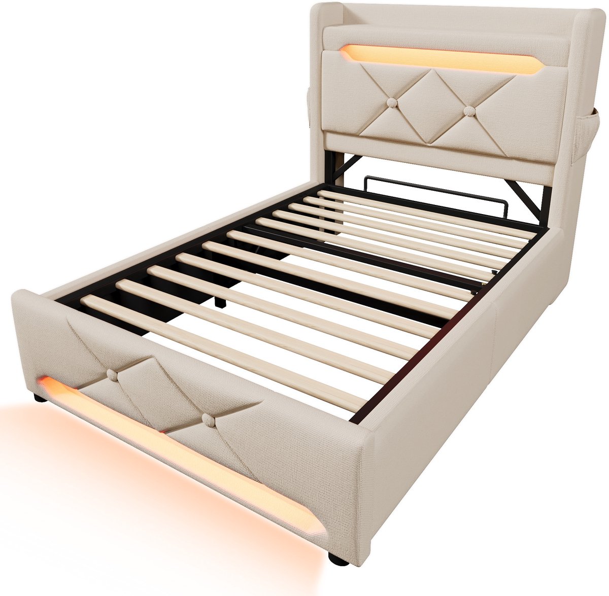 COVREO Bedframe 90x200 cm Beige stof met LED, opbergruimte, zonder matras
