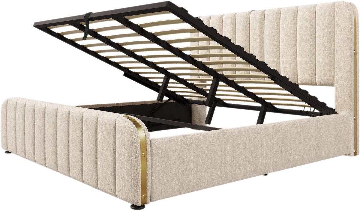 COVREO Bed 180x200 cm beige, stof en metaal met hydraulische opbergruimte