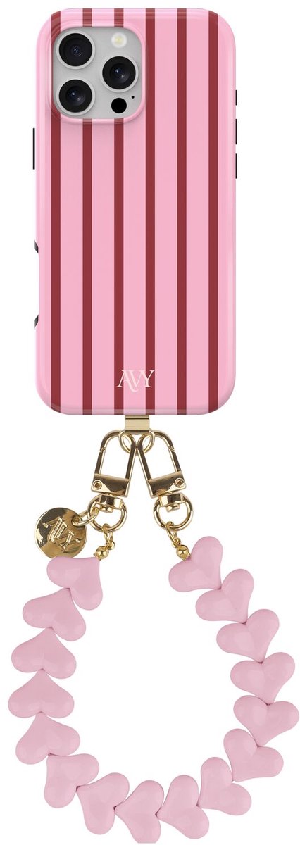 AVY Hoesje Met Telefoonkoord | Geschikt voor Apple iPhone 16 Pro | Compatibel met MagSafe | Hard Shell Back Cover | Stijlvol Bijpassend Koord 30CM | Linea Hearts | Roze