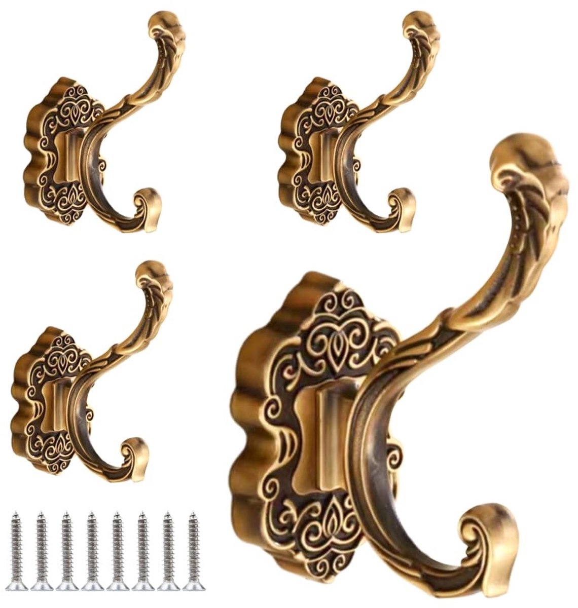 Dailygoods- Wandkapstokhaken 4 Stuks - Antiek Messing Brons Design - Dubbele Haak - Aluminium-Magnesiumlegering - Roestvrij en Stevig - Voor Jassen en Hoeden - Wandhaken