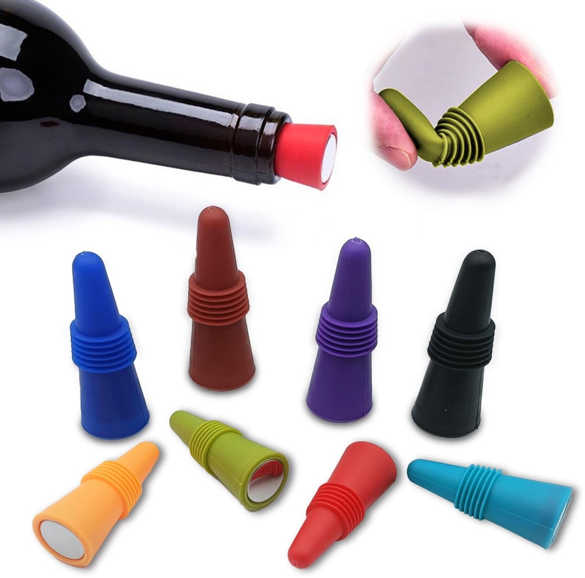 Dailygoods- Wijnflesstoppen 8 stuks - Siliconen Flessenstoppen - Herbruikbare Champagnestoppen - Veelkleurige Wijnstoppers - Duurzaam en Elastisch - Verlengt Smaak en Houdt Frisheid - Flessenstopper
