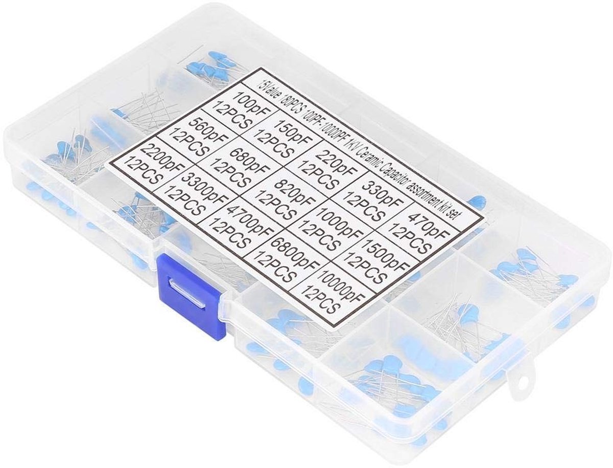 Dailygoods - Keramische Capacitoren Assortiment Kit - 180-delig - Hoogspanning - 1kV tot 10000pF - Capaciteit 100pF - Opslagdoos - Geschikt voor elekt...