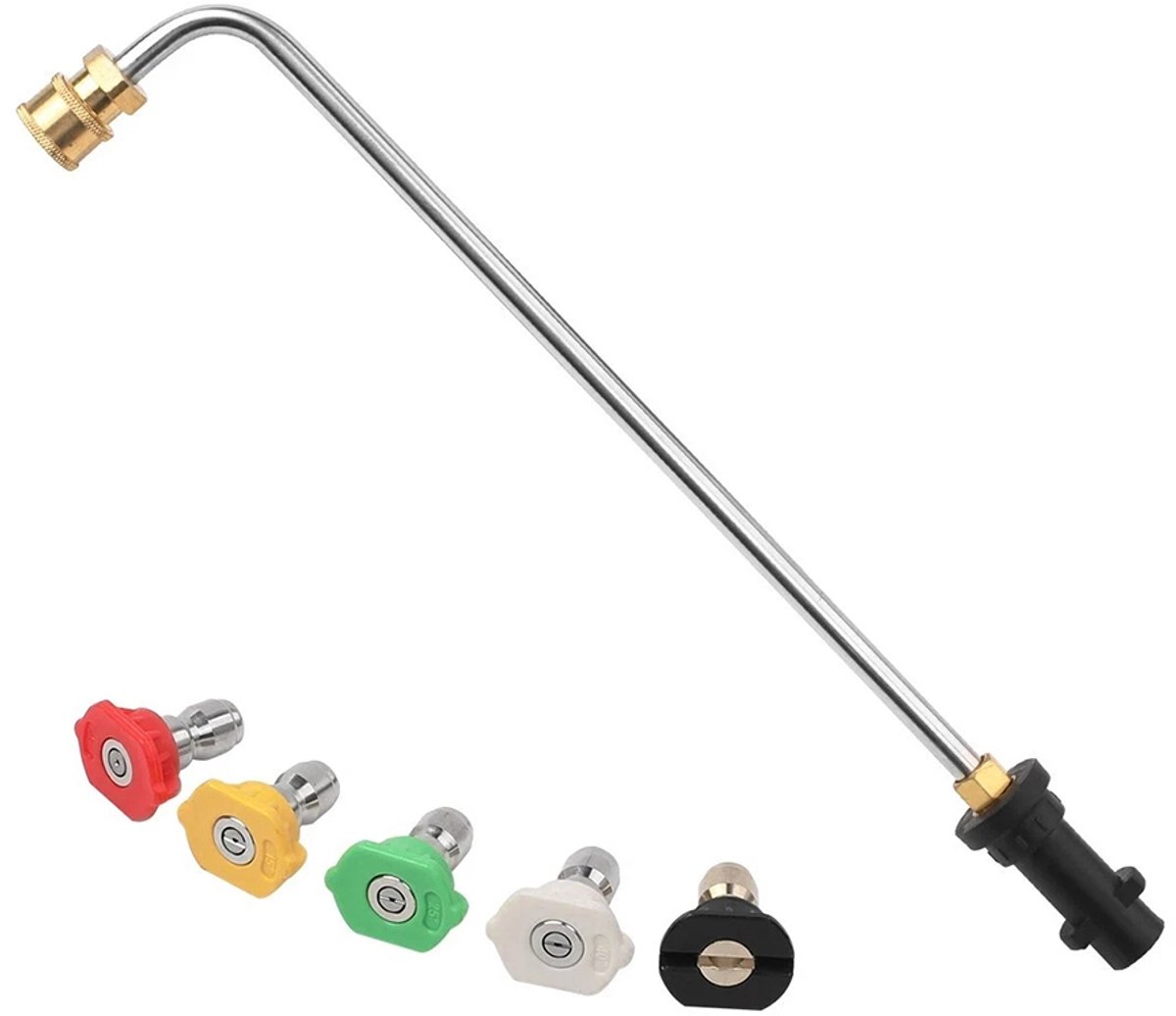 Verlengstuk voor hogedrukreiniger - Verlengstuk voor spuitpistool/spuitboom voor Kärcher K2-K7 serie hogedrukreinigers - met 5 gekleurde sproeiers - 39 x 7 cm - L-vormig spuitpistool - roestvrij staal