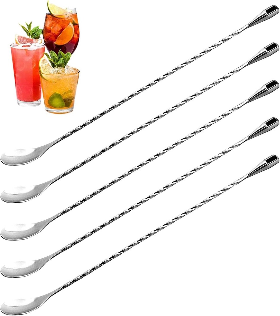 Dailygoods- Rietjeslepel - Verpakking van 5 stuks - Lange lepel van roestvrij staal - Cocktaillepel - Roerlepel - Duurzaam en gemakkelijk schoon te maken