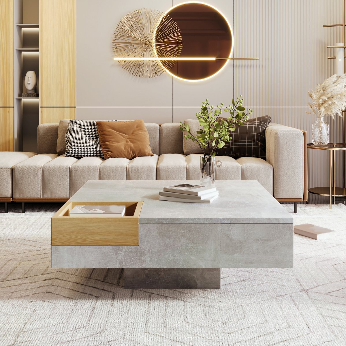 DESMIU Salontafel - Moderne Salontafel Met Uitneembare Opbergbox - Compact Voor Woonkamer En Interieur - Spaanplaat - Betongrijs En Houtkleur - 72x72x30 Cm