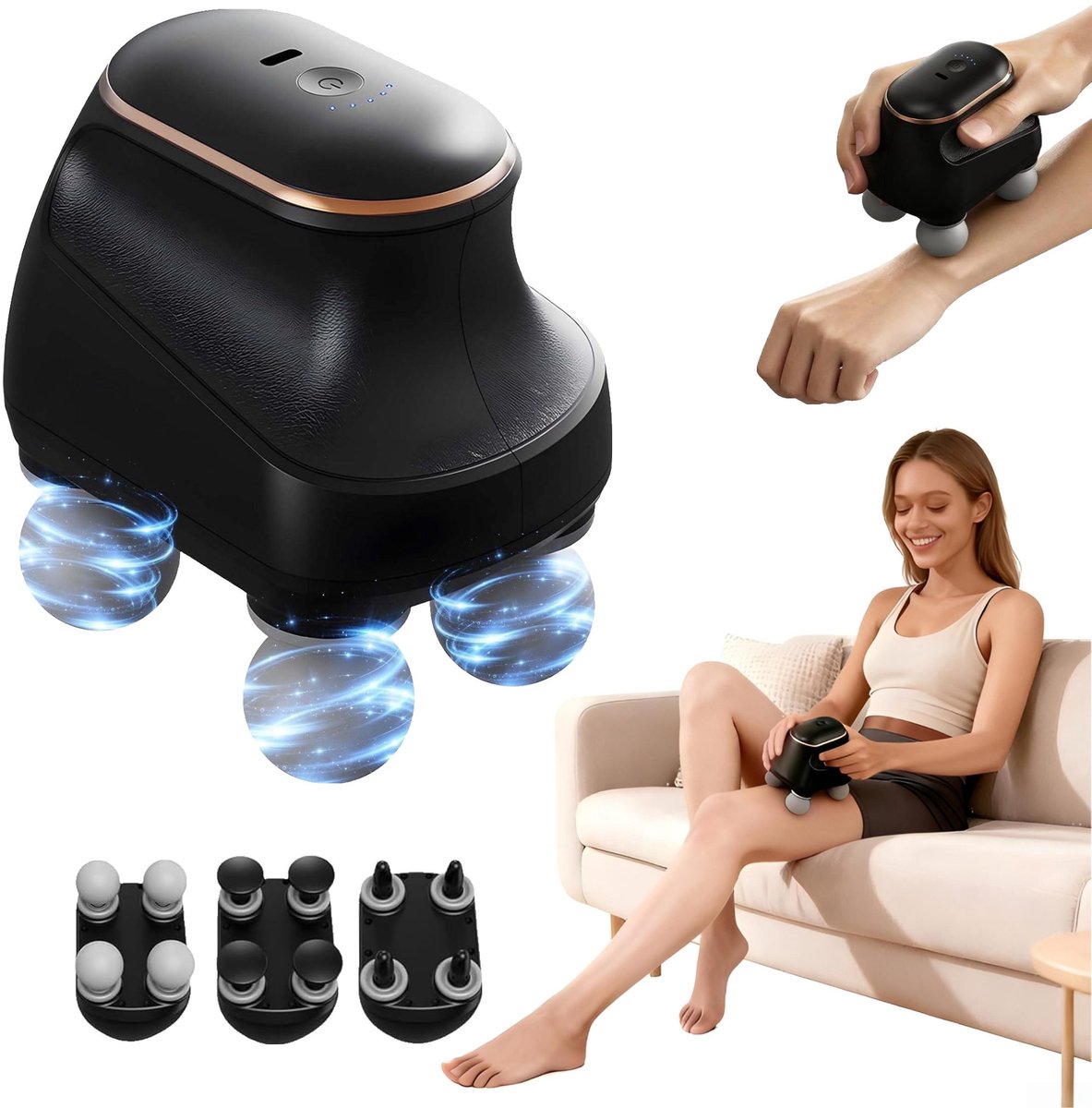Mini Massagepistool - Draadloos Massageapparaat - 5 Intensiteitsstanden - Met 3 Massagekoppen - USB Oplaadbaar - Spiermassageapparaat voor Nek Rug Benen en Sport