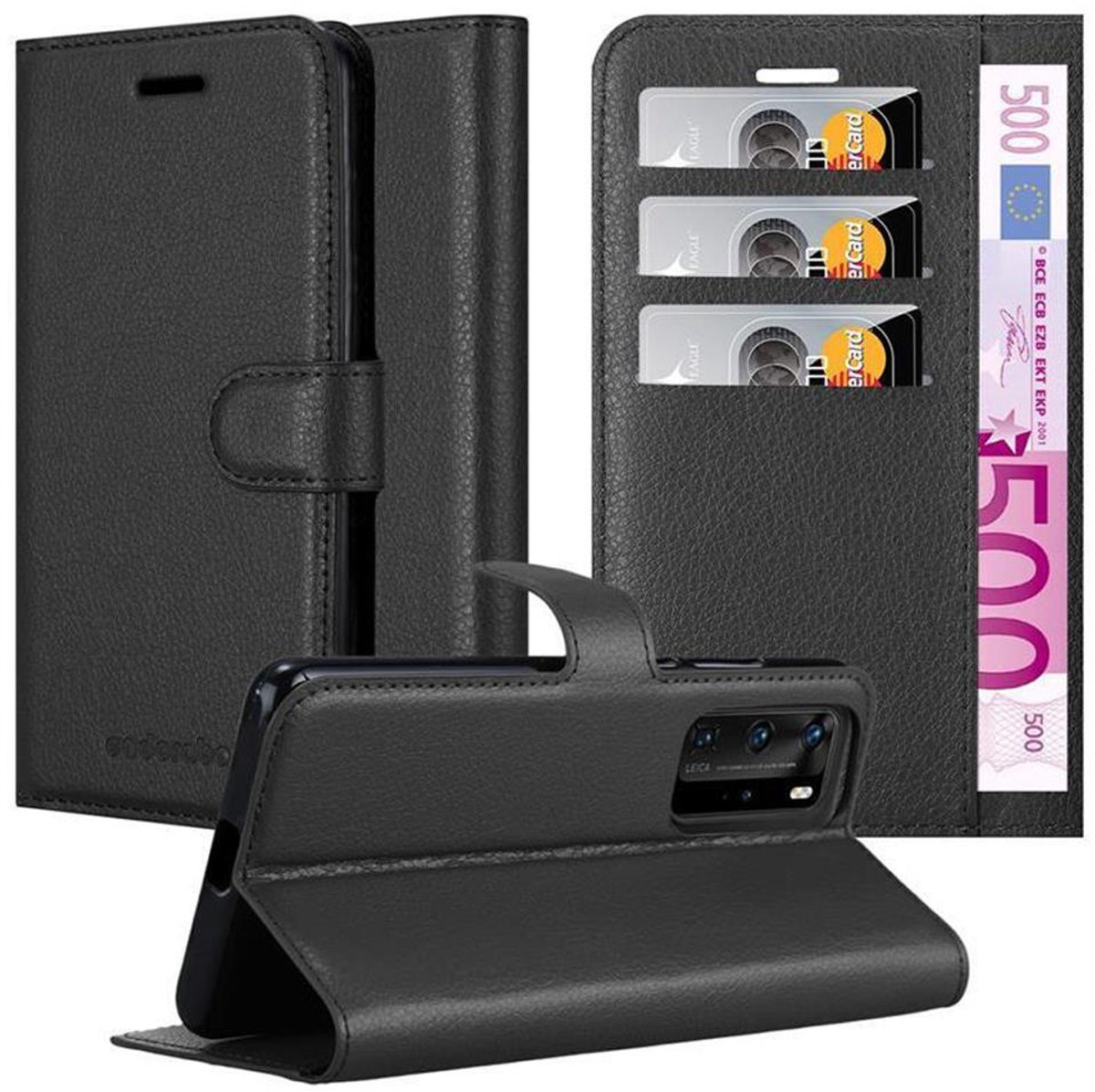 Cadorabo Hoesje geschikt voor Huawei P40 in PHANTOM ZWART - Beschermhoes met magnetische sluiting, standfunctie en kaartvakje Book Case Cover Etui