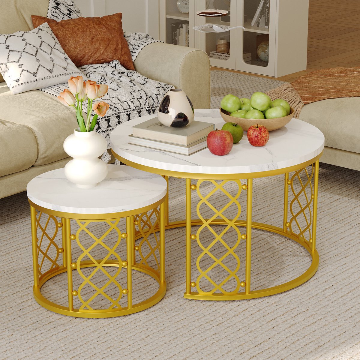 DESMIU Salontafel Set Van 2 - Nestbaar Ontwerp Met Marmerlook - Voor Slaapkamer En Balkon - Metaal En MDF - Goud Wit - 70x70x45 Cm En 45x45x37 Cm