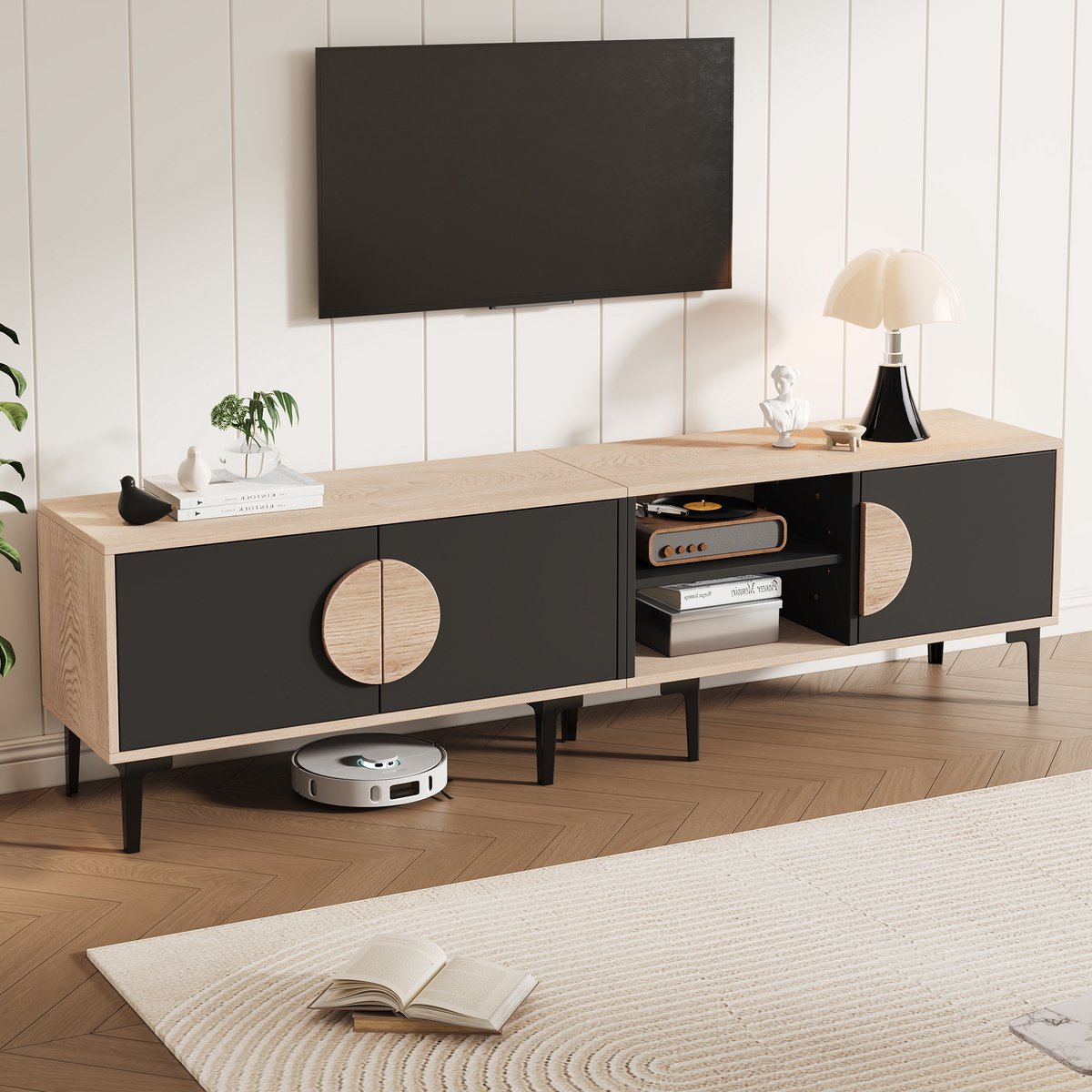 DESMIU Tv Meubel - Met 3 Kasten En Open Vakken - Voor Woonkamer En Thuisbioscoop - Spaanplaat En Zwart Eikenkleur - 180x35x49 Cm