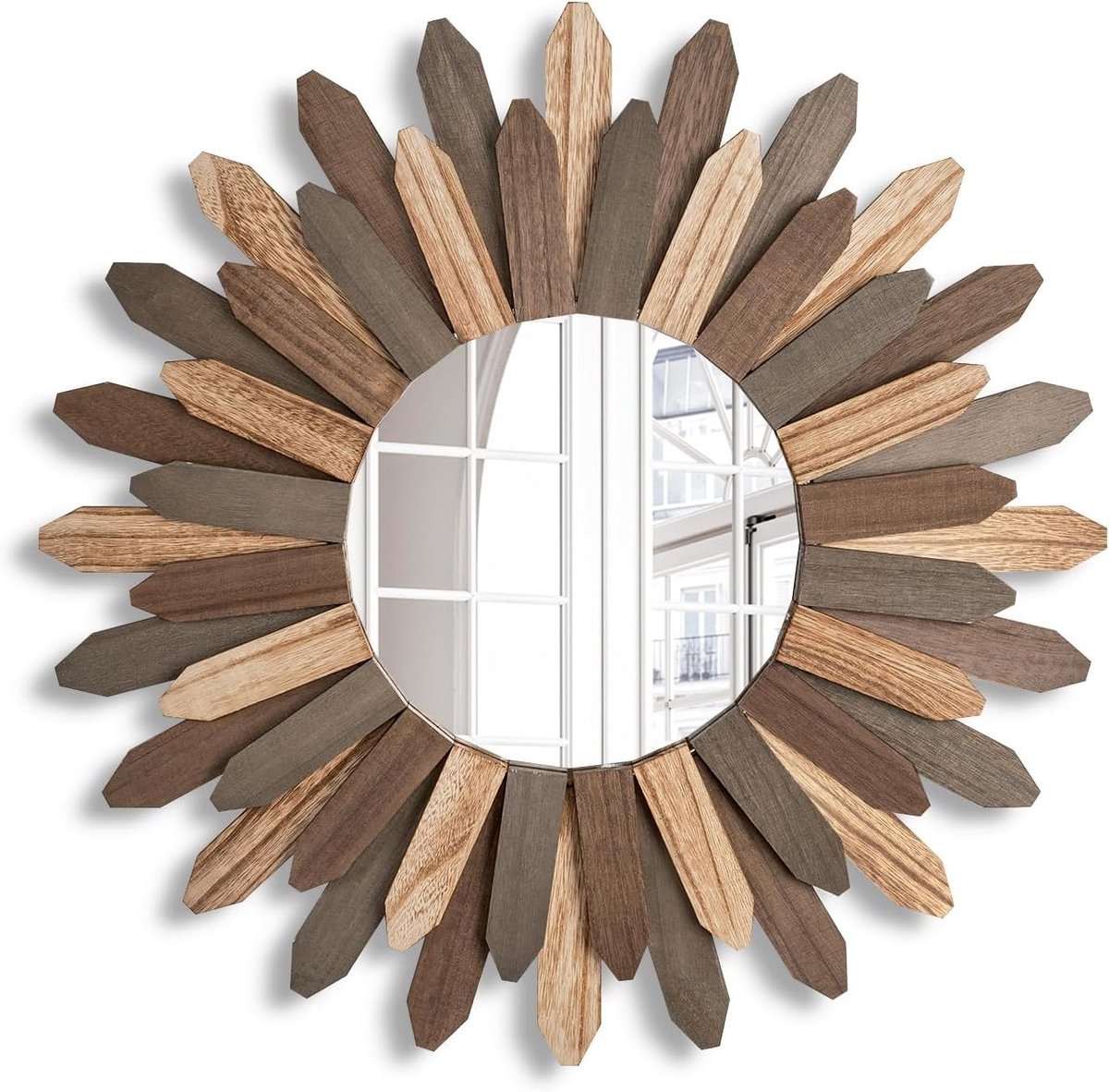 Rustieke Houten Wandspiegel van 53 cm in Zonnige Burststijl voor Bohemian Interieurdecoratie in Slaapkamer, Woonkamer en Entree