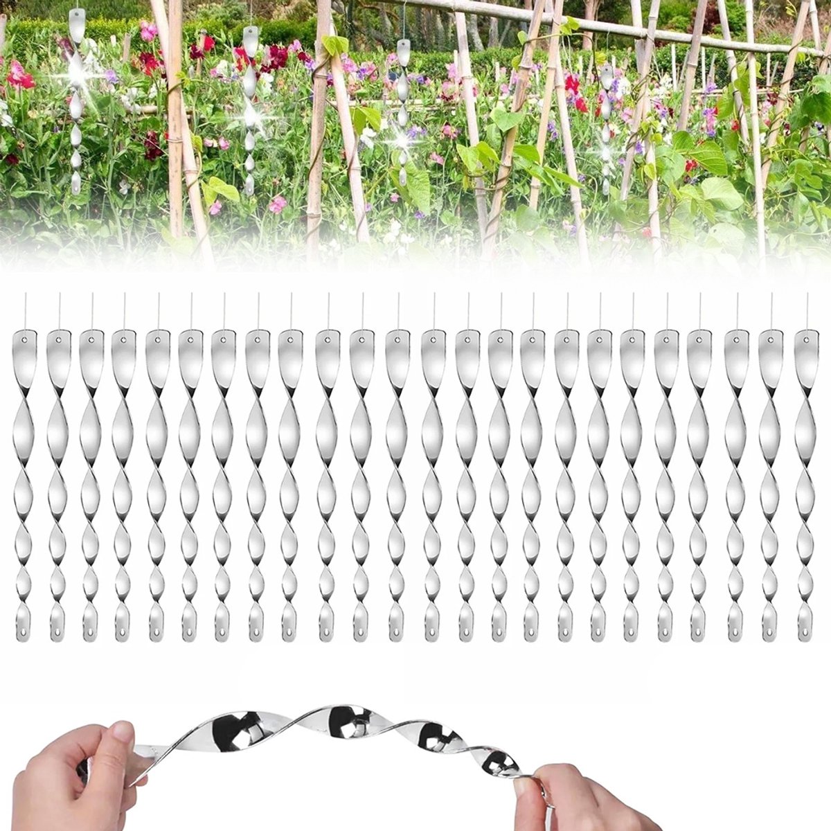 Verpakking van 24 vogelwerende stokjes - Spiraalvormige vogelwerende stokjes - 30 cm – 2,5 x 30 x 0,2 cm - Reflecterende spiraalvormige stokjes - Holografische vogelwerende stokjes - Geschikt voor boomgaarden en tuinen - Zilver