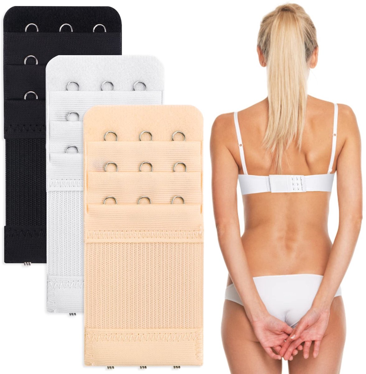 Dailygoods- Beha-extender 3 Haken - Rekbare Beha-verlengriem - Elastische Beha-bandhaak - Roestvrij Staal - Nylon Materiaal - Beha-verlenger