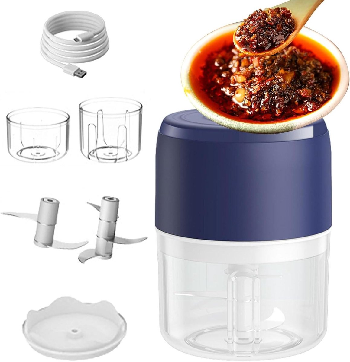 Elektrische Voedselhakker - Mini Keukenhulp - Snel Ingrediënten Snijden - USB Oplaadbaar - 9 x 10 x 9 cm - Blauw