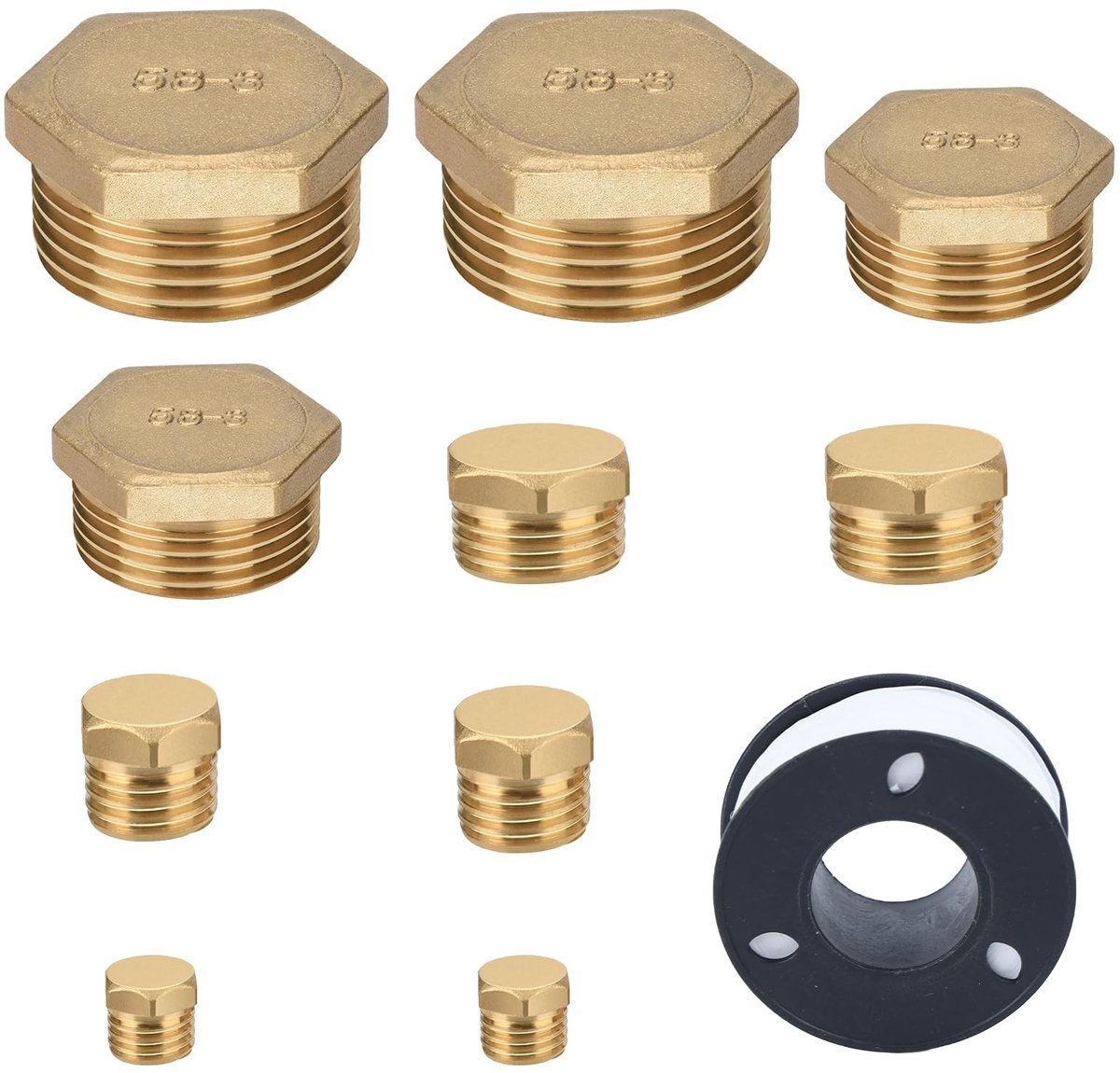 Dailygoods- Afsluitdop 10 Stuks - Messing Waterstop - Zeskant Eindkap - Schroefdraad 1/8/1/4/3/8/1/2/3/4 Inch - Hoogwaardig Messing - Duurzaam en Corrosiebestendig - Blindstop
