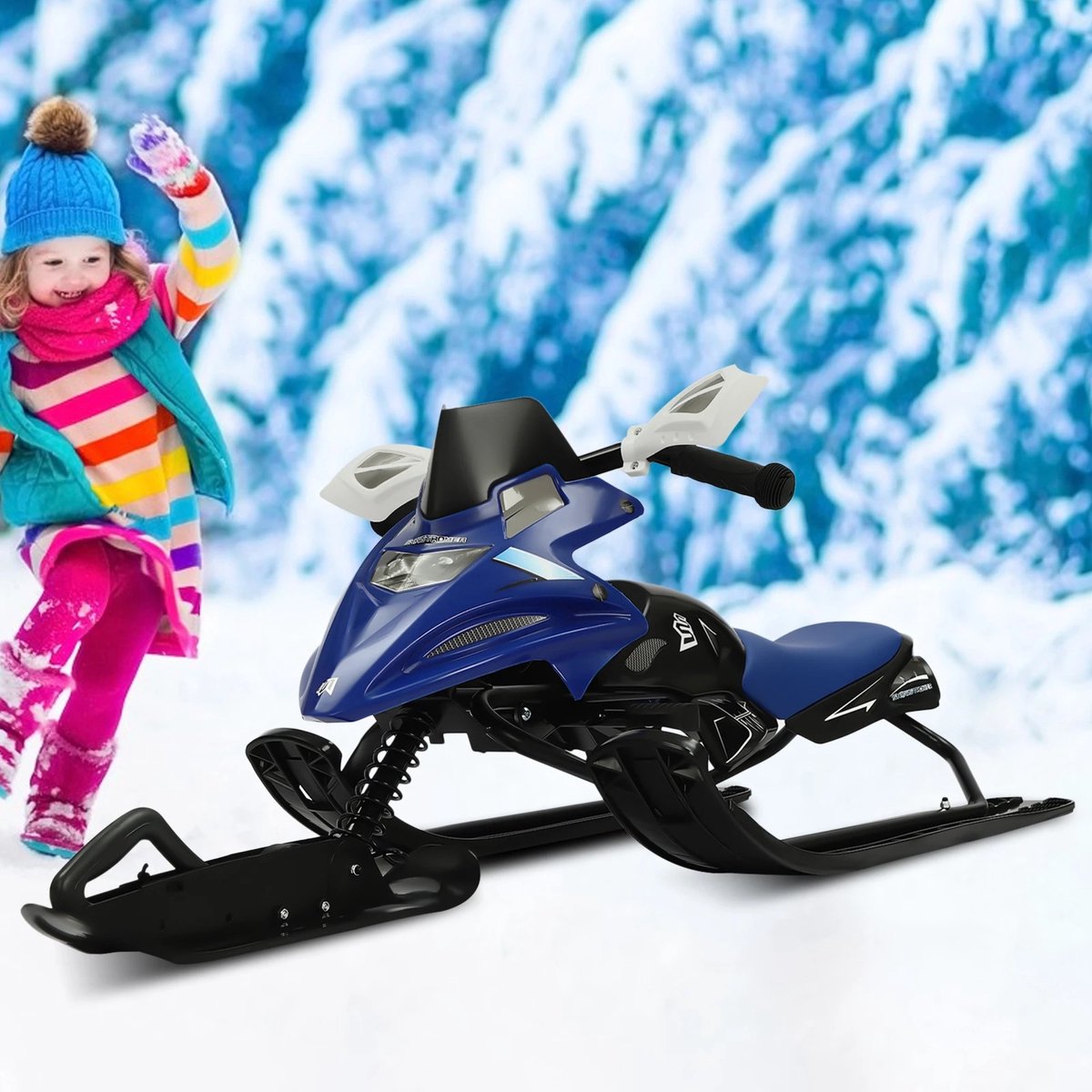 Dailygoods Bestuurbare sneeuwslee Kinderen sneeuwscooter slee Ski sneeuw Skibob belasting 80 kg met 80 cm trekkoord voor