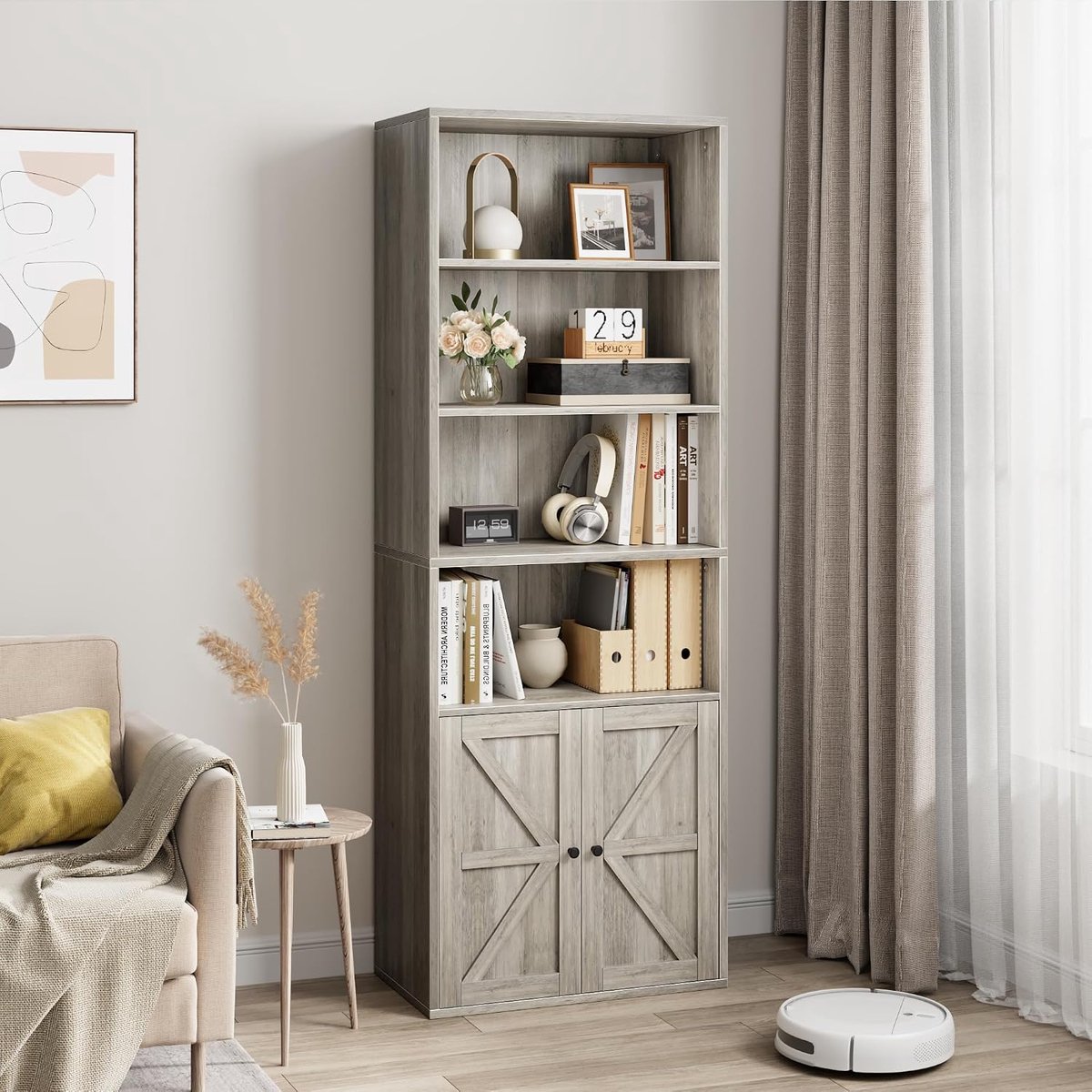 Moderne Boekenkast met 4 Niveaus - Opbergkast met X-Deur - Hout - Grijs - Voor Woonkamer, Slaapkamer & Kantoor