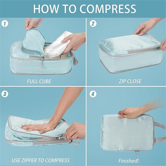 Reisorganisator Set - Bagage Kubussen - Ruimte Besparen - Compressie Ontwerp - 4 Delig - Lichtblauw — afbeelding 2