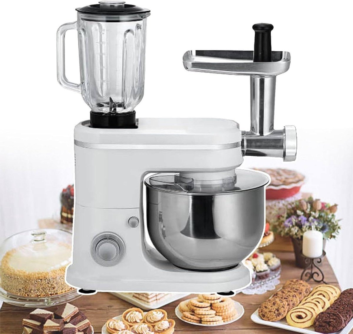 Elektrische Keukenmixer - Standmixer Deegmixer - Bakken en Koken - 3-in-1 Multifunctioneel - 6 Liter Kom - Zilver