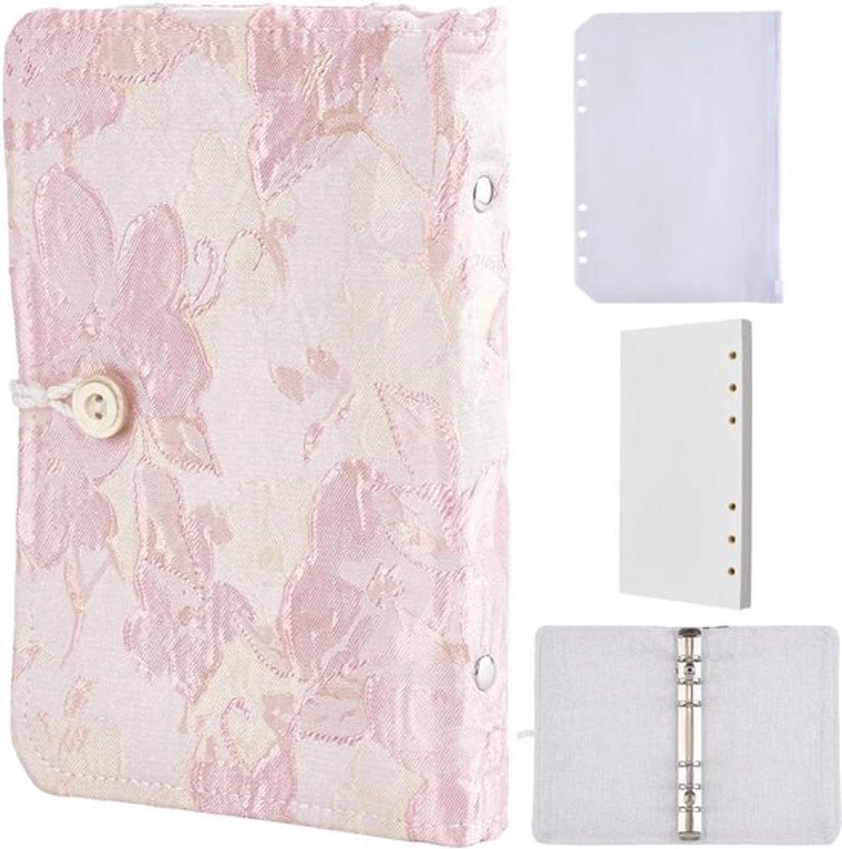 Ringband met 6 ringen - Losbladige binder - Roze - Bloemdecor - Hervulbaar - Stofomslag - Geschikt voor A5-formaat - Notebook met 90 vellen papier - Factuur Organizer - Reisdagboekrustiek.