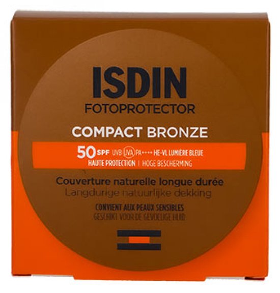 Isdin Fotoprotector Compact Bronze SPF 50 marron avec texte orange. 'Haute protection' et 'Couverture naturelle longue durée'.