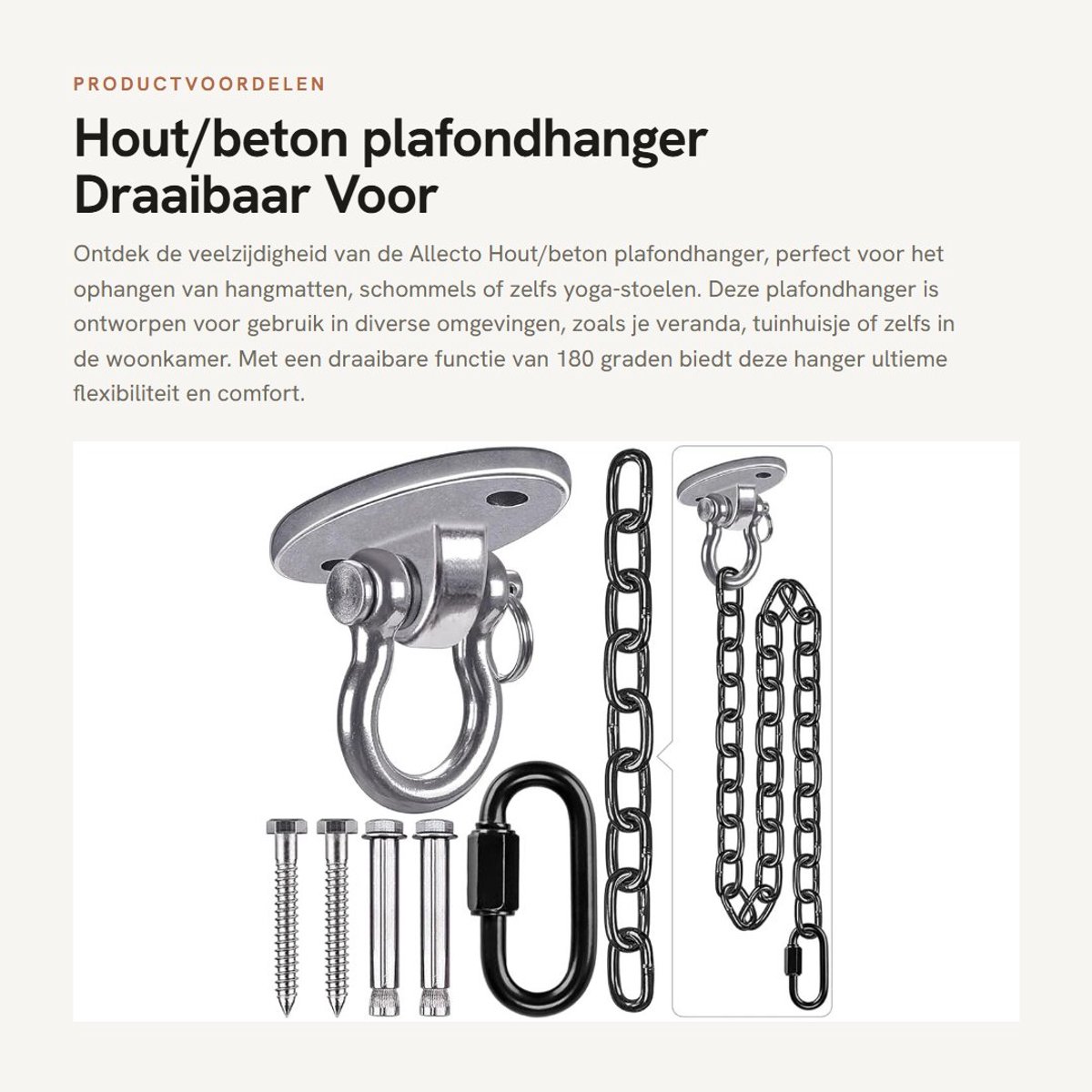 Dailygoods- Plafondhanger 180 Graden Draaibaar - Ovale Houder - Zwarte Ketting - Karabijnhaak - Voor Hangmat/Schommel - Ondersteunt 1000 lbs - Schommelhanger