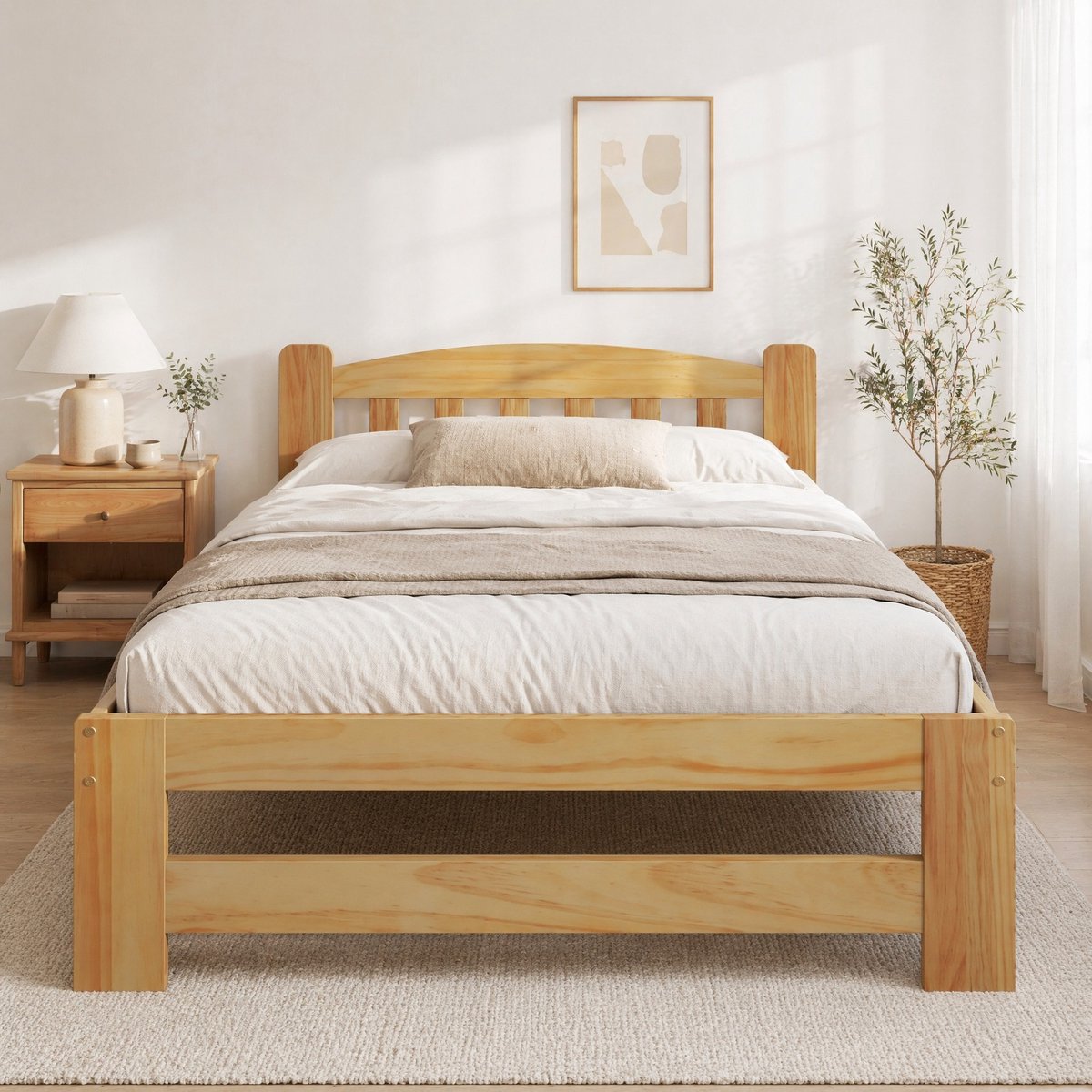 MEUNIQ eenpersoonsbed 90x200 cm met hoofdbord en houten lattenbodem, bedframe van grenenhout voor slaapkamer of logeerkamer, naturel