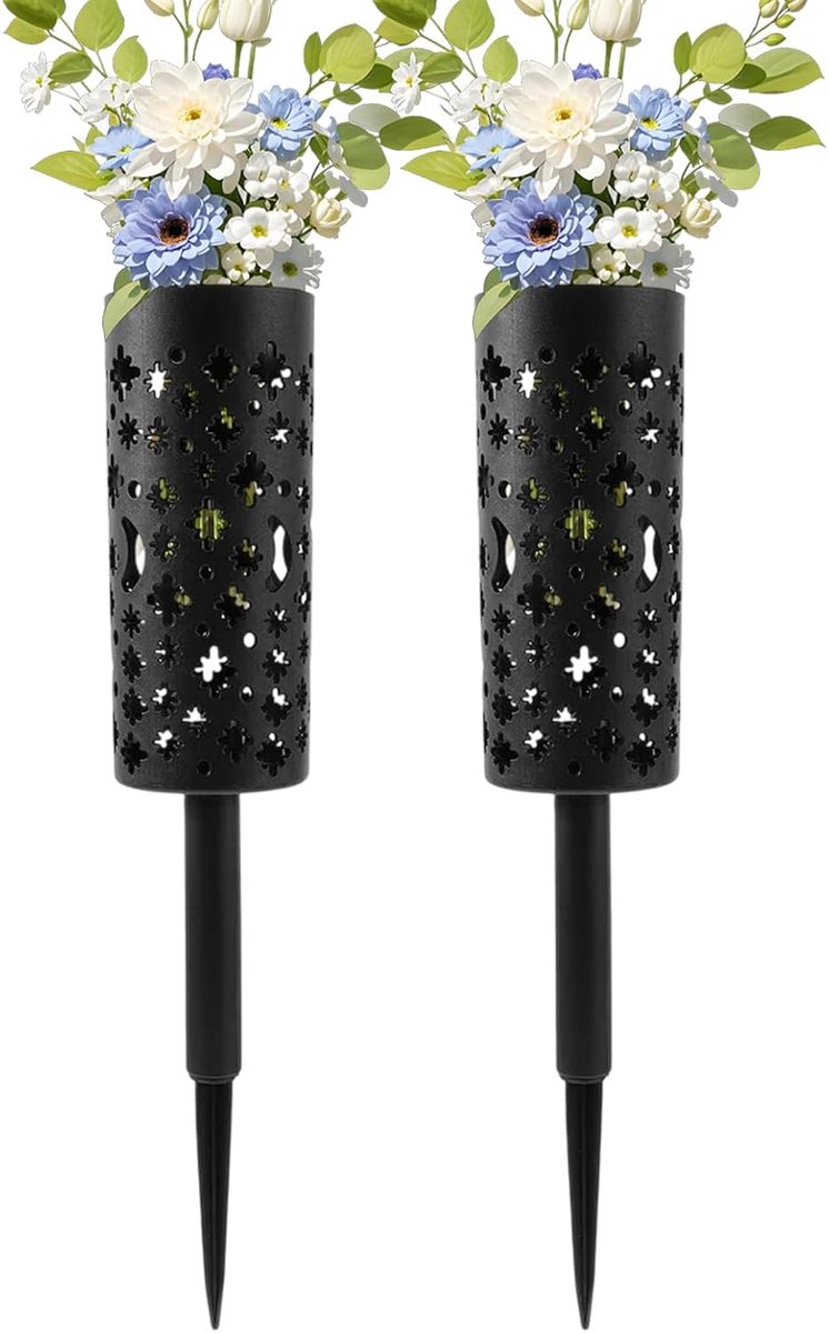 Grafvazen Set - Bloemenhouders - Herdenken Buiten - Met Grondpen - 19cm Hoog - Zwart