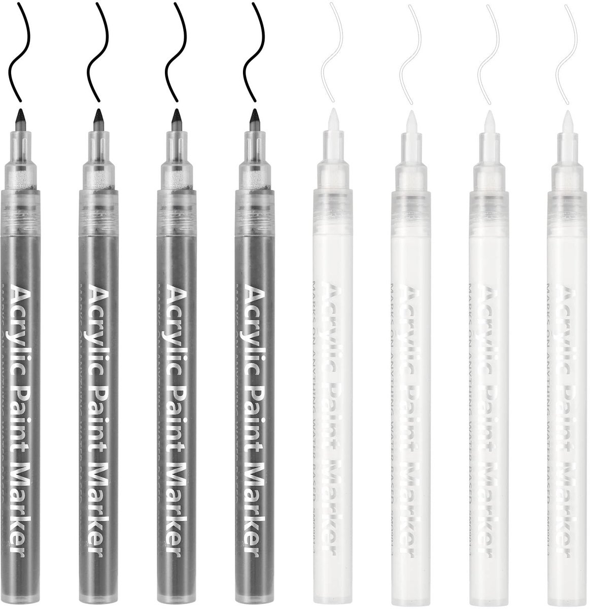 Dailygoods - DONQL Metallic Acrylstiften, 8 Stuks Acrylverf Stiften, 0.7mm Acrylmarkers voor Stenen Beschilderen, Glas, Hout, Porselein, Keramiek, Textiel(4 Witte Acrylverf Markers + 4 Zwarte Acrylverf Markers)