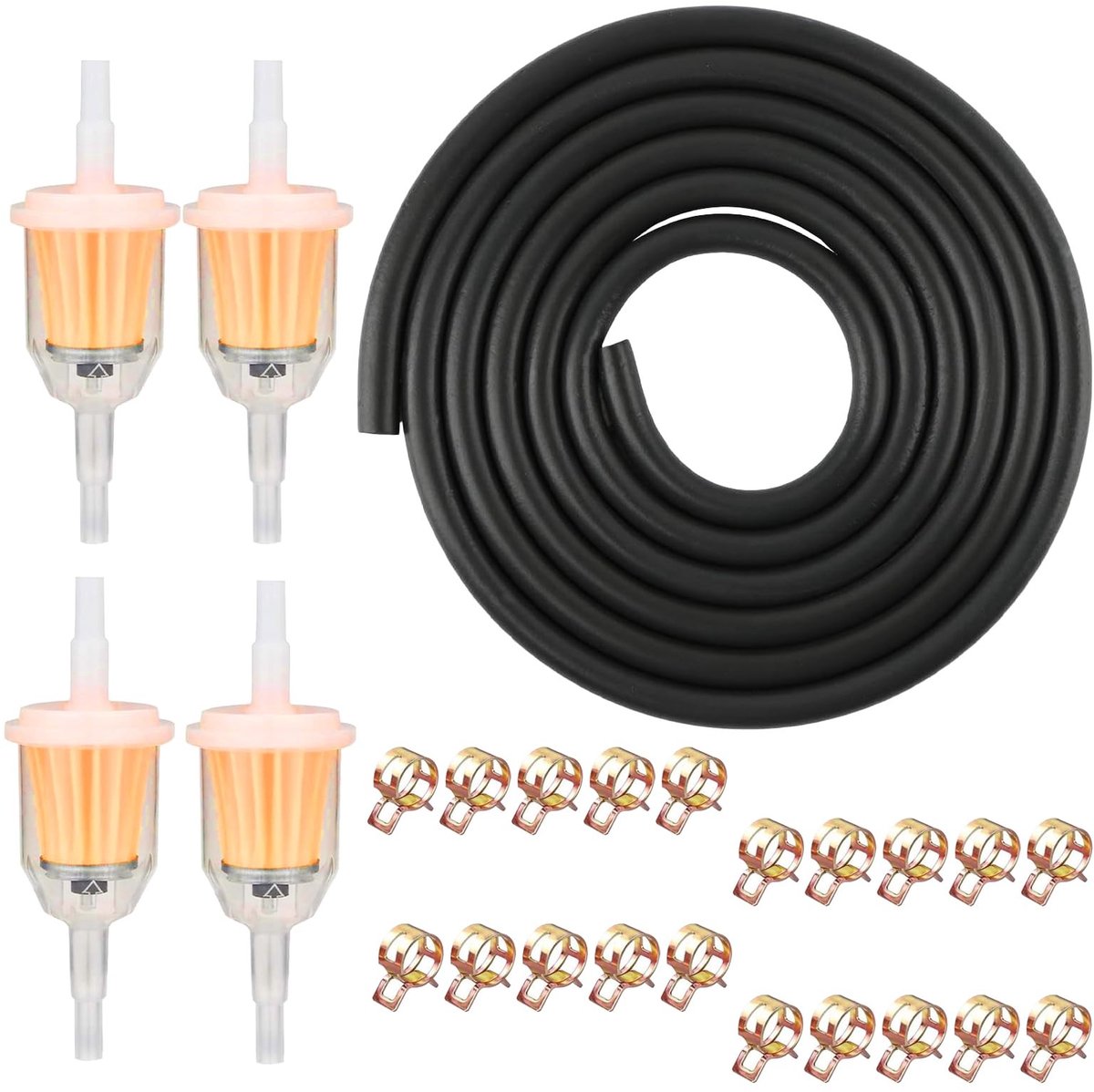 Dailygoods- Benzineslang 2 meter - Brandstofleiding 5 mm - Brandstoffilter 5 mm/8 mm - Slangklemmen 20 stuks - Rubber/Kunststof/Roestvrij staal - Voor auto/motorfiets/scooter/grasmaaier - Brandstofslang