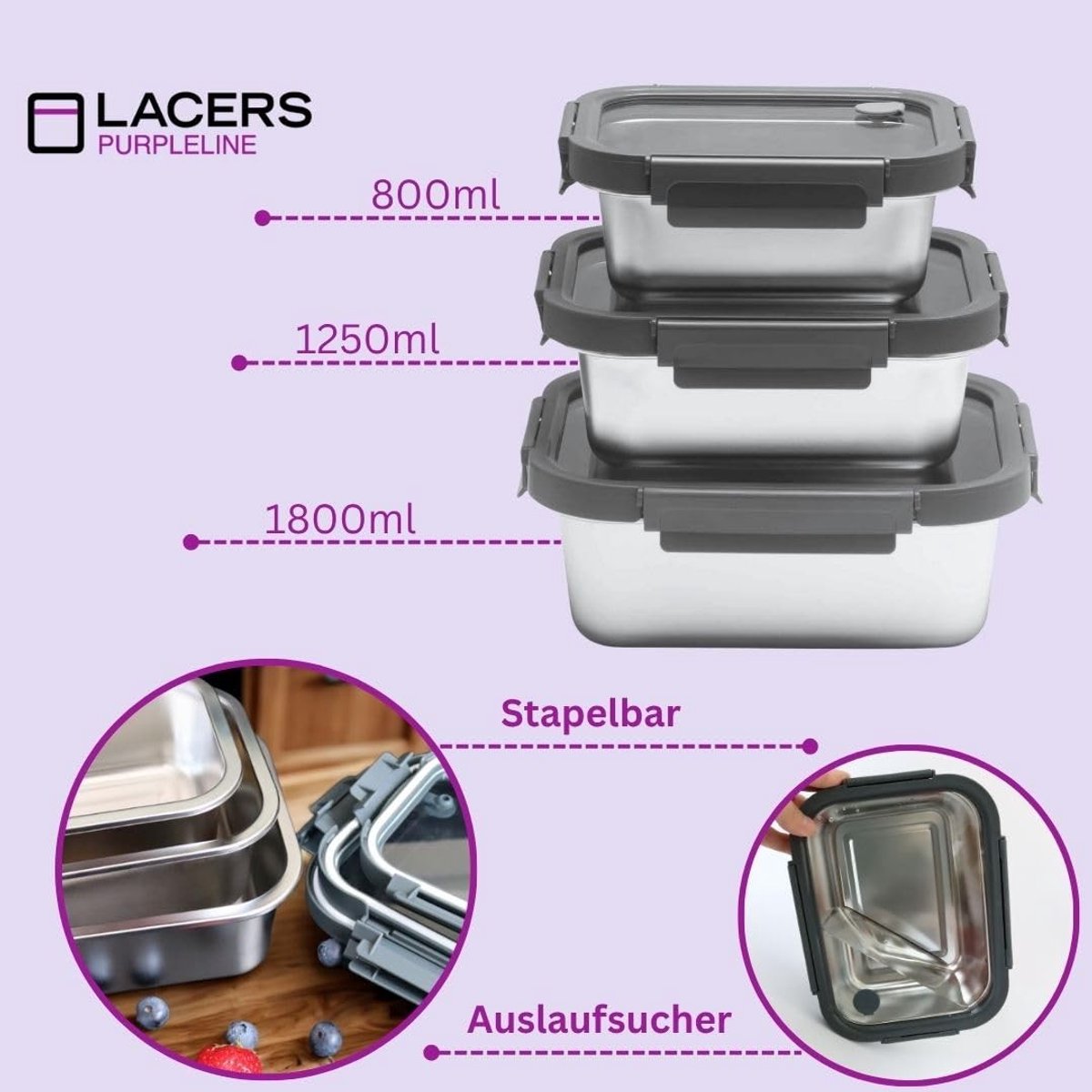 Dailygoods- Voorraaddozen 6-delig - Roestvrij Staal - Glazen Deksel - 800/1250/1800 ml - Hygiënische Opslag - Stijlvolle Set - Opbergdozen — cadeau in Wonen & Interieur - foto 2