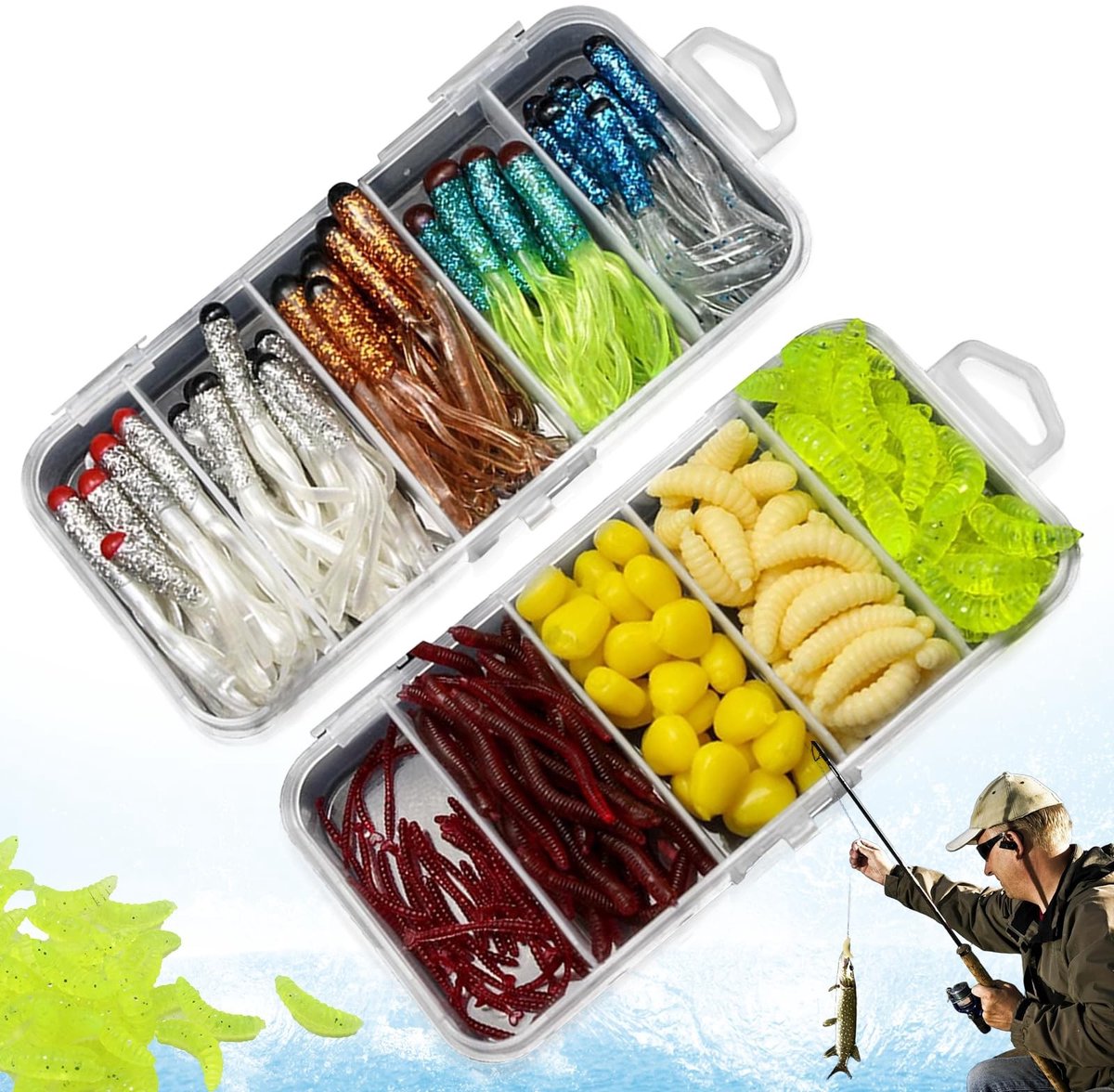 Dailygoods- Vissersaas 210 Stuks - Levensechte Kunstmatige Wormen - Rubberen Aas - Snoek/Roofvis - Zacht/Elastisch - Lichtgevend Effect - Kunstaas
