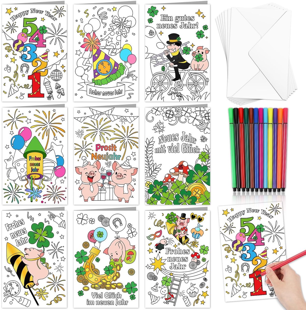 Dailygoods- Nieuwjaarskaarten Set - 18 Schilderbare Kaarten - 18 Enveloppen - 12 Penseelstiften - Geluksbrengers - Activiteit voor Kinderen - Wenskaarten