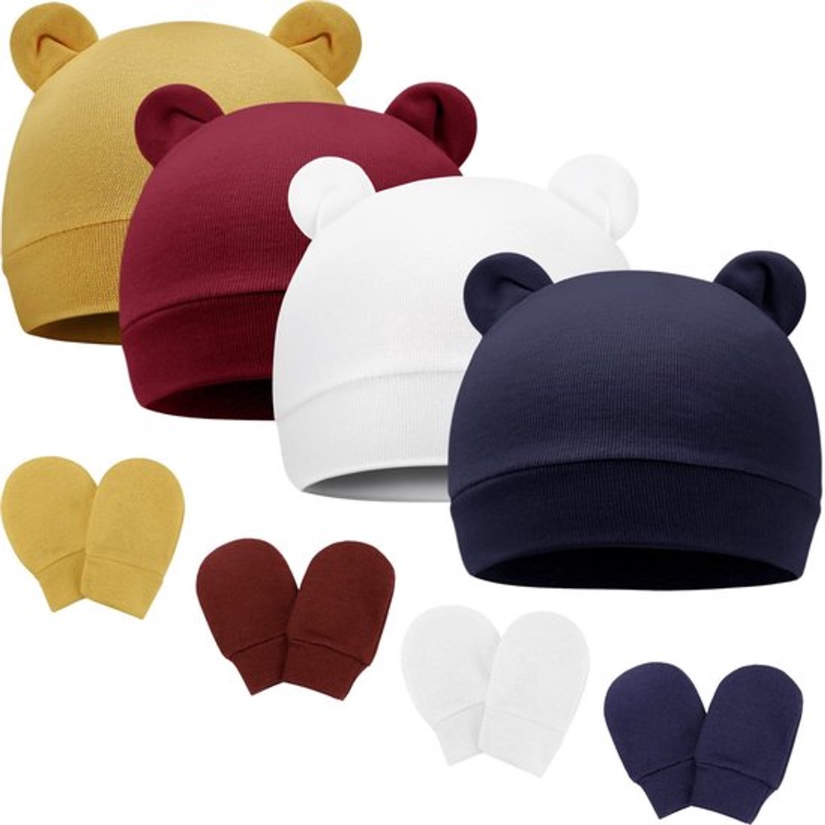 - Baby Hoed en Handschoenen - Baby Meisje - Comfortabele Beanie - 4 Sets - Zacht Katoen - Geschikt voor 0-6 maanden - Perfect voor alle sei...