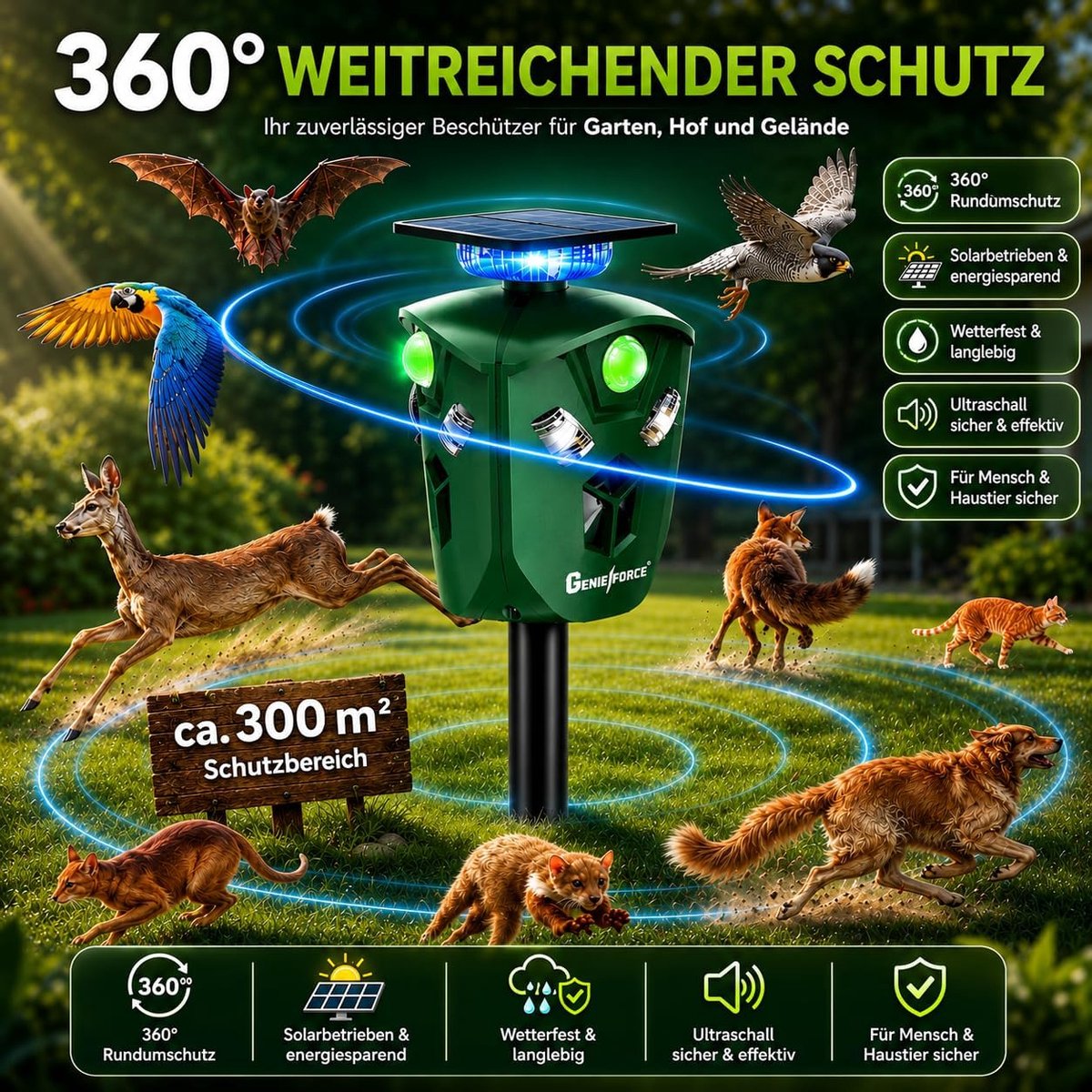 Dierenverjager - Ultrasoon Apparaat - Ongedierte Weren - 360 Graden Detectie - 300 m2 Bereik - Groen Zwart