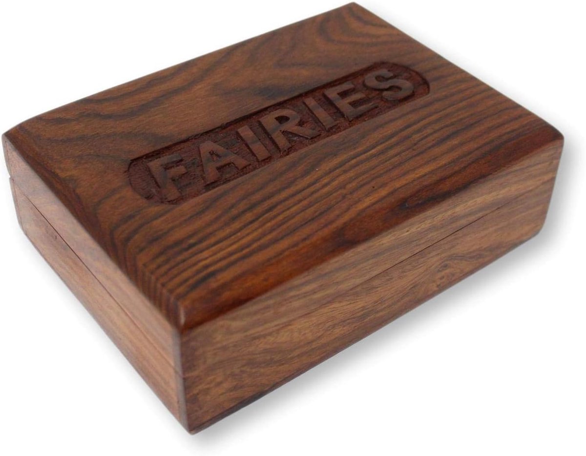 Houten Schatkist - Juwelen Doosje - Kaarten Opbergen - Fairies Gravure - 19cm Breed - Houtkleur