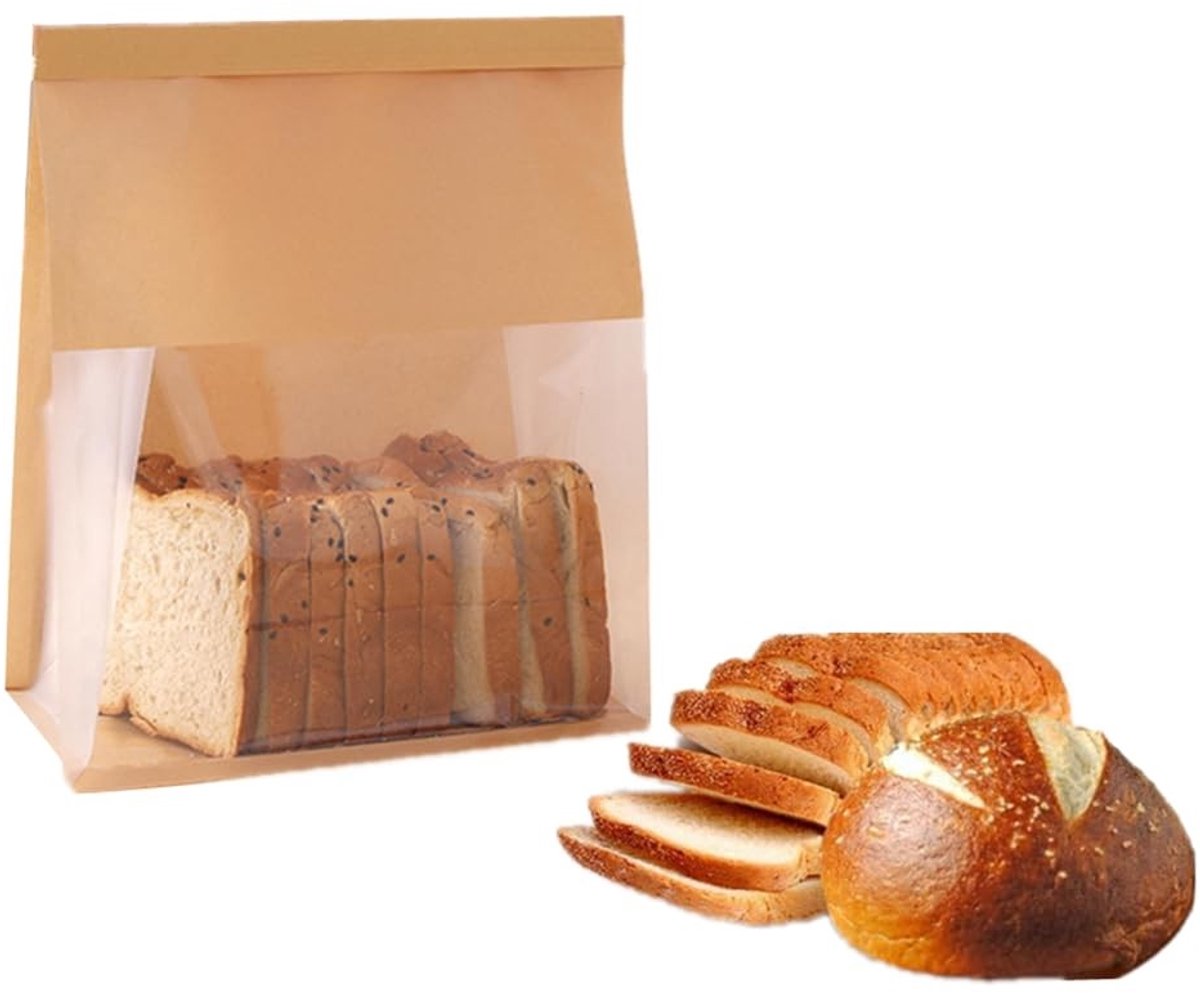 Dailygoods - NatureMan 50 stuks bakkerijzakken met venster, 22 x 10 x 28 cm, hersluitbaar bruin kraftpapier, broodverpakking, opbergzakken met tinnen stropdaslot voor bakkerij, café, zelfgemaakt brood (50, groot)