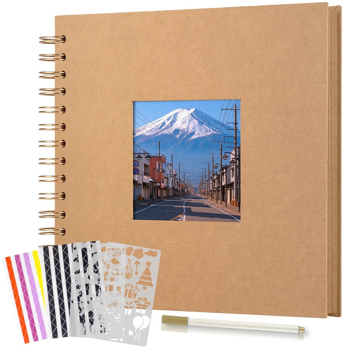 Dailygoods- Fotoalbum 21x21 cm - DIY Spiraalalbum - 40 Pagina's - Scrapbook met Venster - Inclusief Sjablonen en Fotohoeken - Schokbestendig Kraftpapier