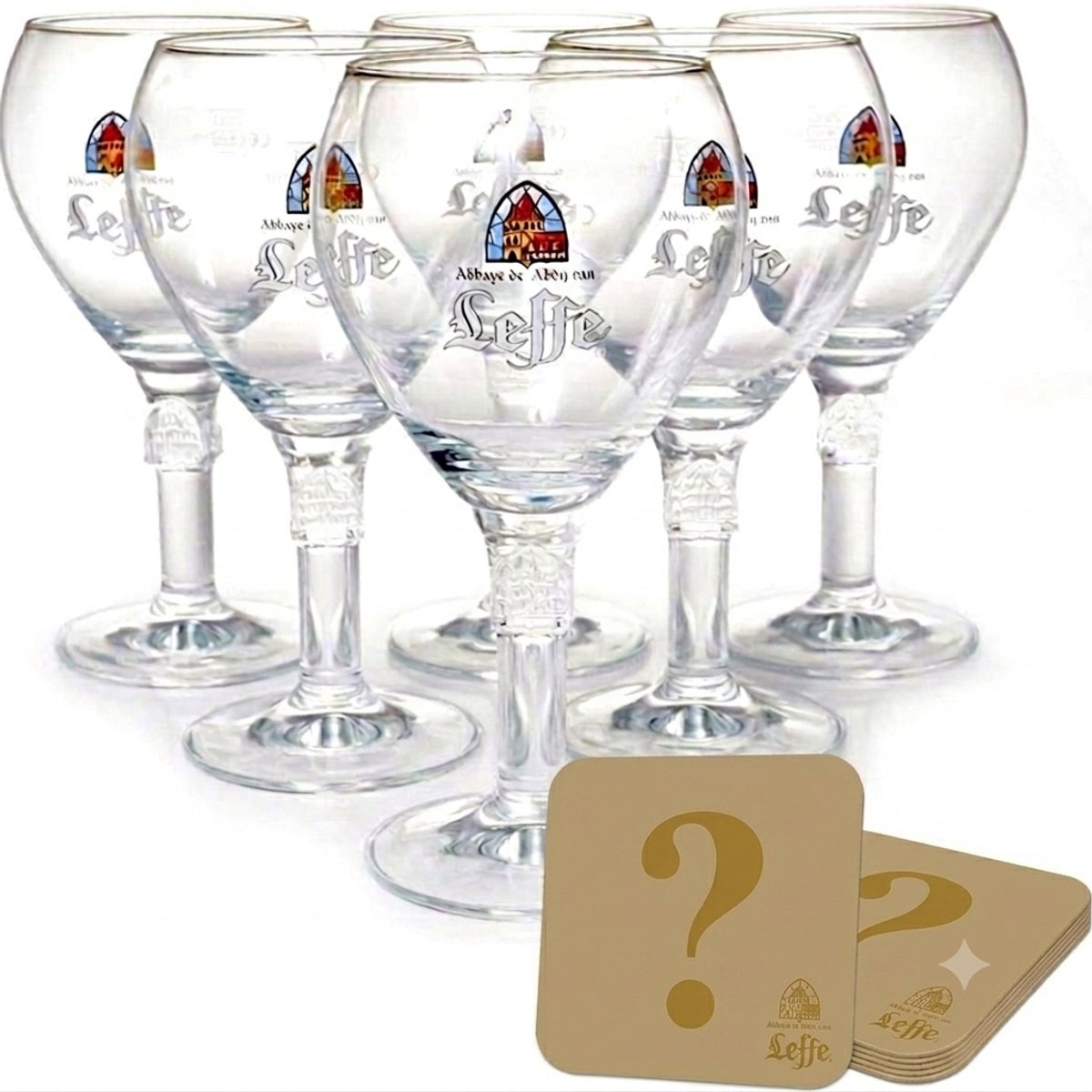 Leffe Bierglazen 330 ml - Set van 6 - Originele kelkglazen voor Abdijbier - Ideaal voor Leffe Blond en Bruin - Vaatwasserbestendig - Transparant glas - Hoogte 195 mm - Bierglazen - Glaswerk - met GRATIS 6 diverse Leffe onderzetters