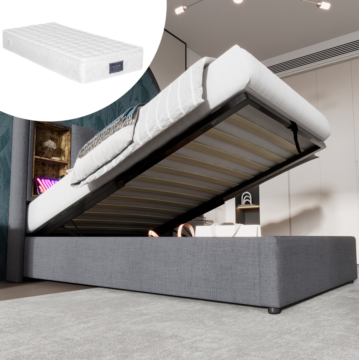MEUNIQ eenpersoons gestoffeerd bed 90x200 cm met opbergruimte, draadloos opladen, 2 USB en USB-C, houten lattenbodem en hoofdbord met open vakken, grijs