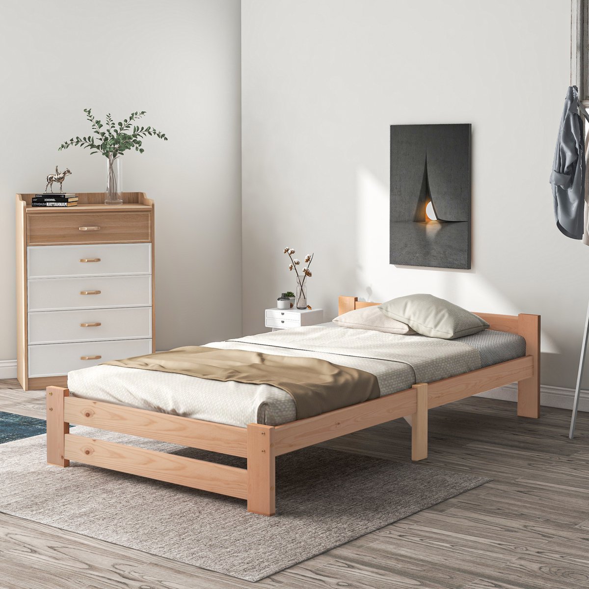 MEUNIQ eenpersoons houten bed 90 x 200 cm met hoofdbord en lattenbodem, grenen bedframe voor slaapkamer of logeerkamer, naturel, 205 x 97 x 49 cm