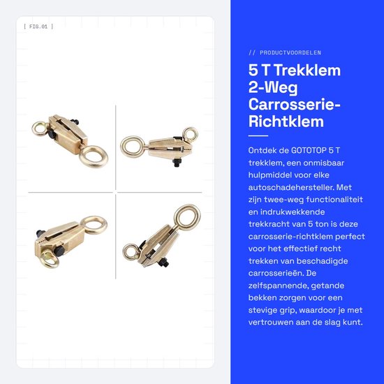 5 T Trekklem 2-Weg Carrosserie-Richtklem: zelfspannende, compacte en stevige grip.